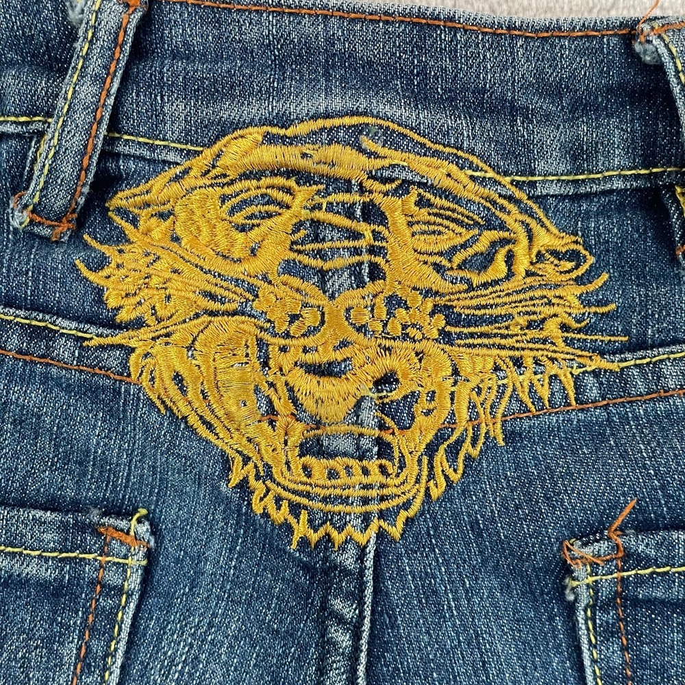 Vintage Ed Hardy Tiger Embroidered Jeans Women 32x34 (Tag 30) Blue Slim Fit